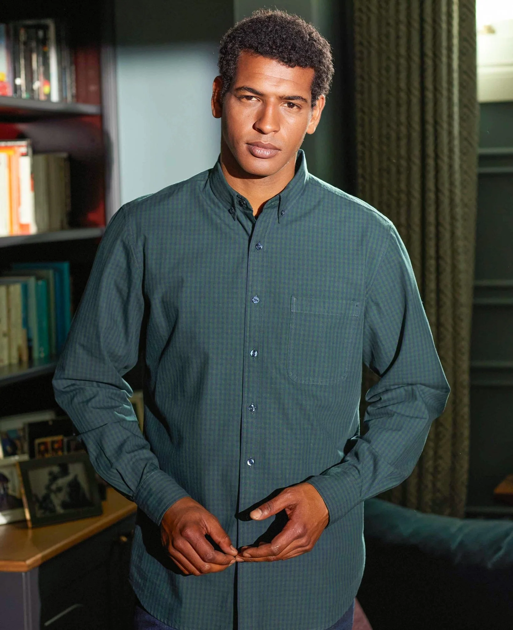 Navy Green Classic Fit Button-Down Gingham Shirt - Image 5