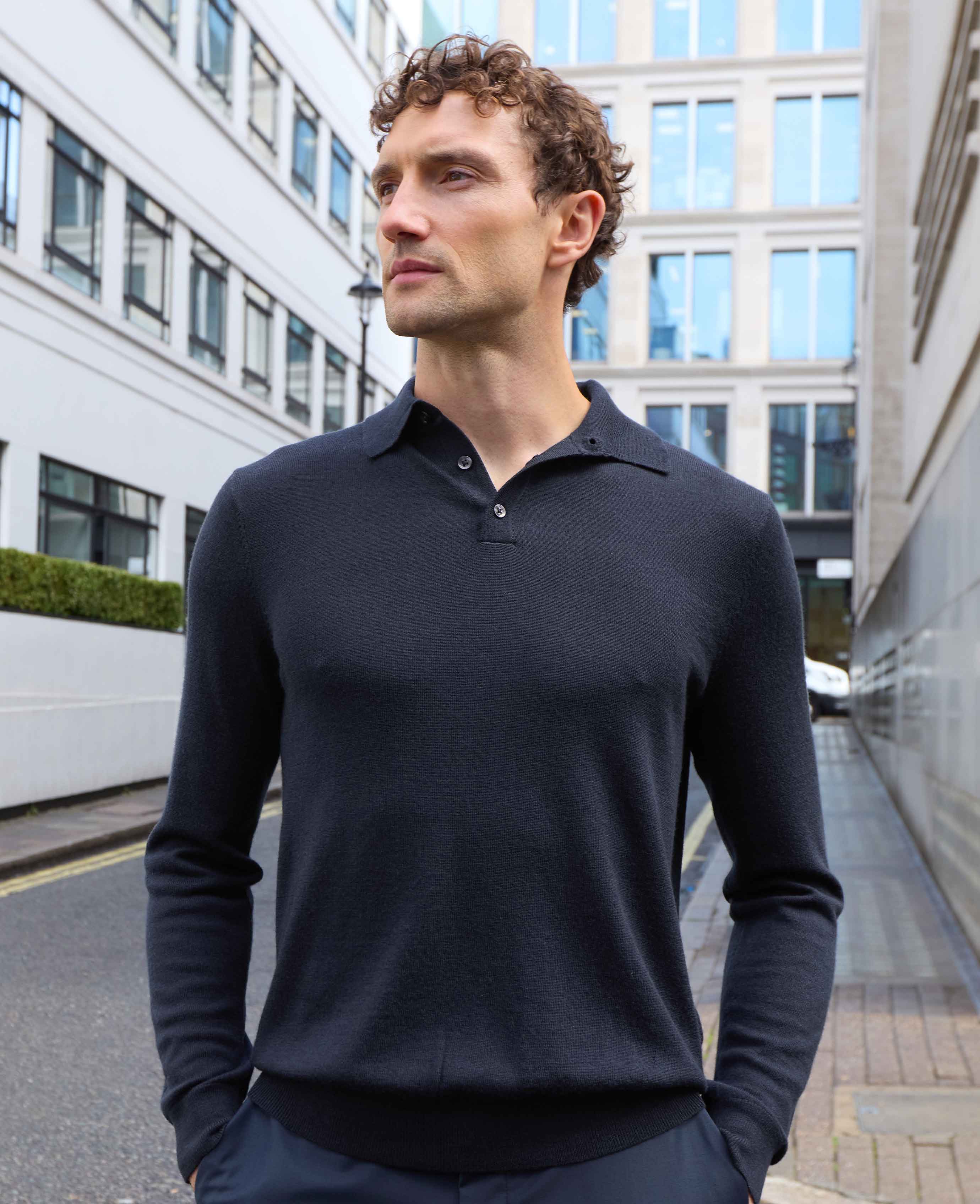Navy Merino Wool Knitted Polo Shirt - Image 4