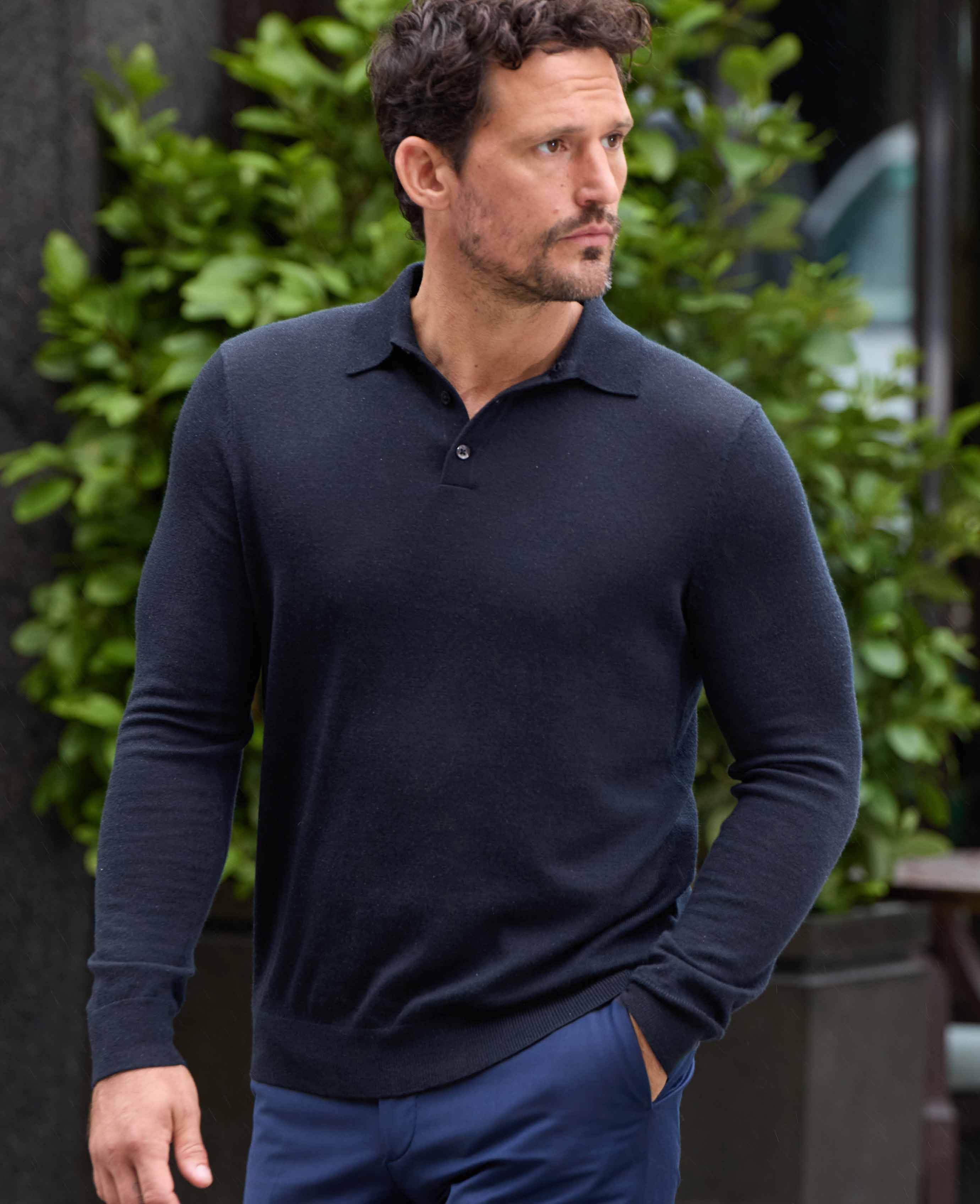 Navy Merino Wool Knitted Polo Shirt - Image 5