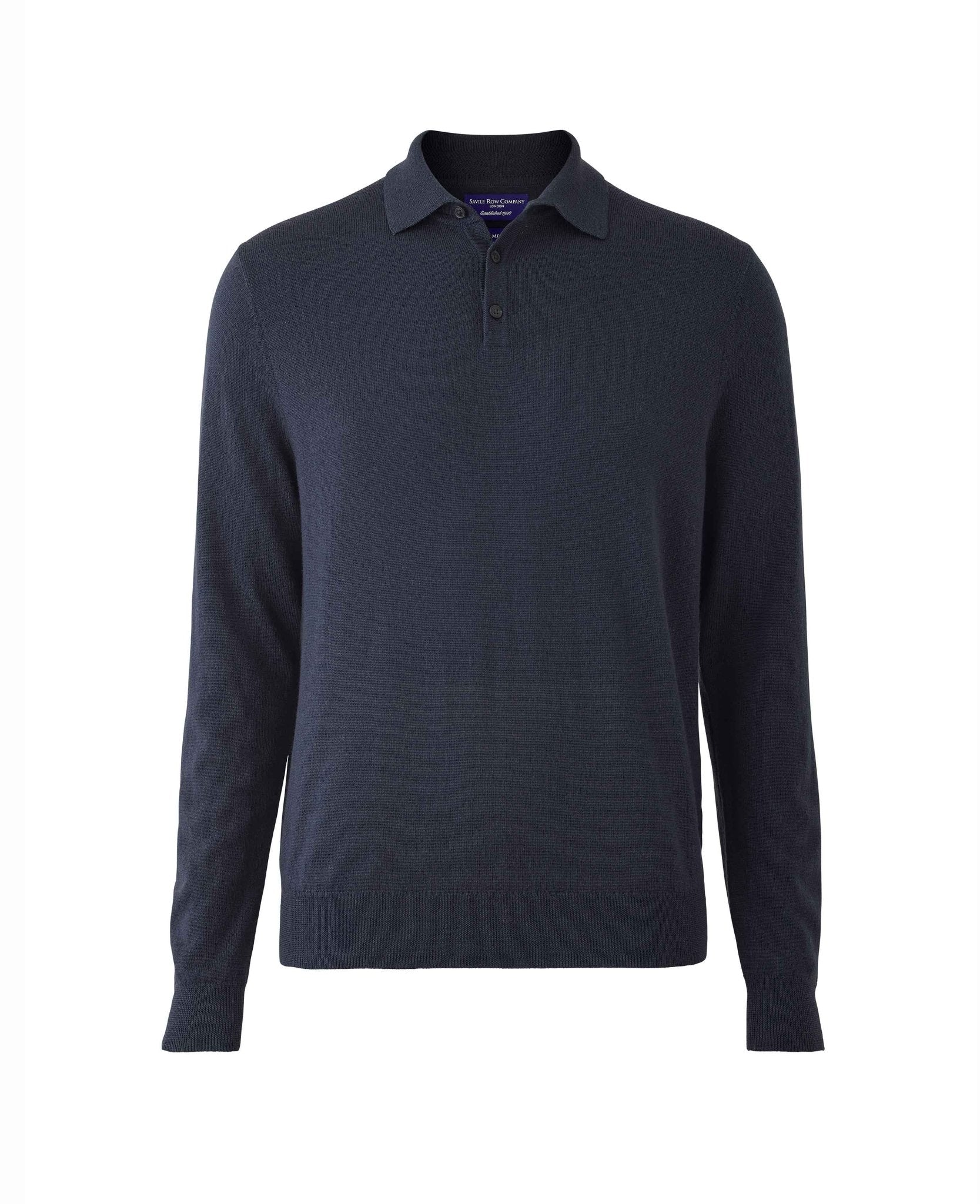 Navy Merino Wool Knitted Polo Shirt - Image 6