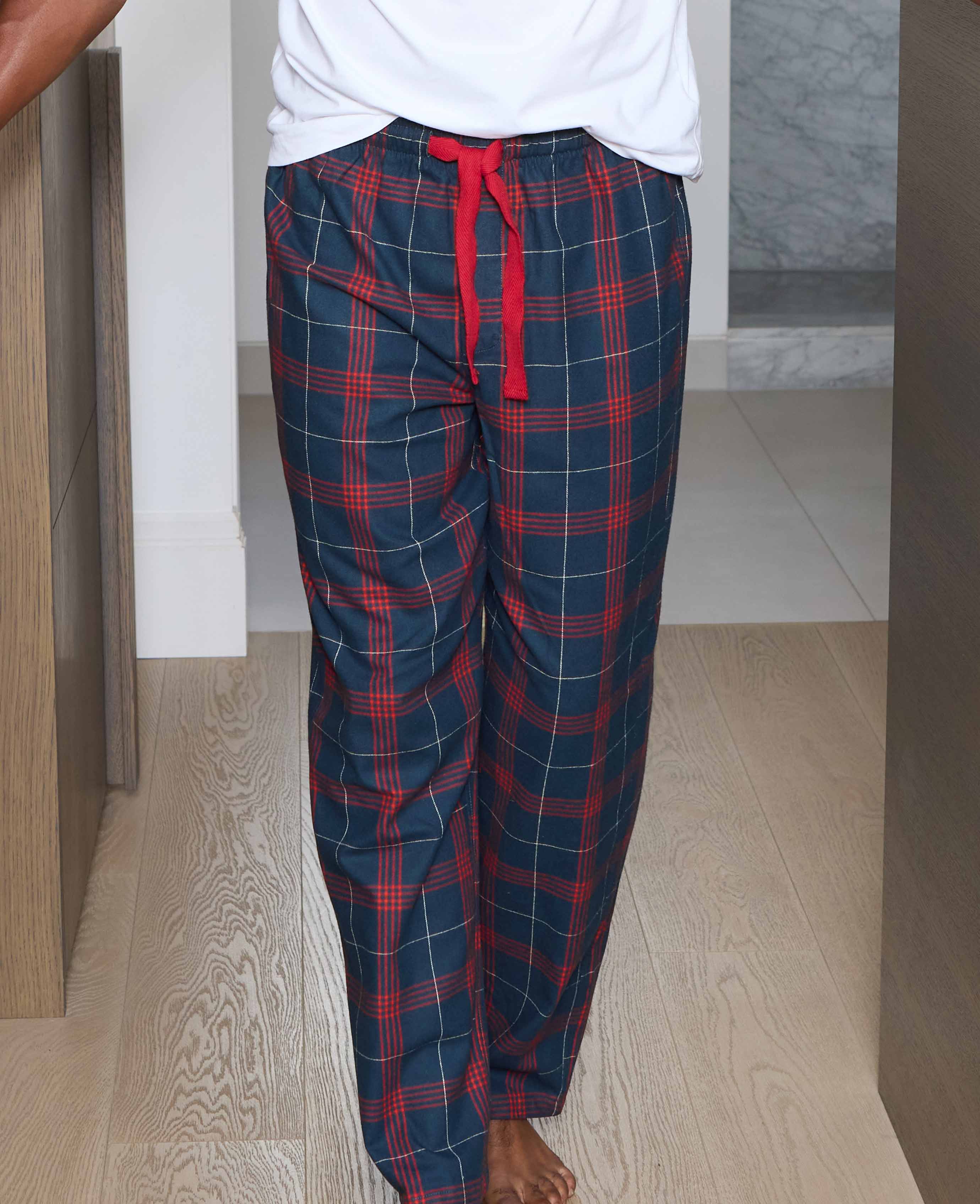Navy Red Brushed Cotton Twill Window Check Lounge Pants - Image 3