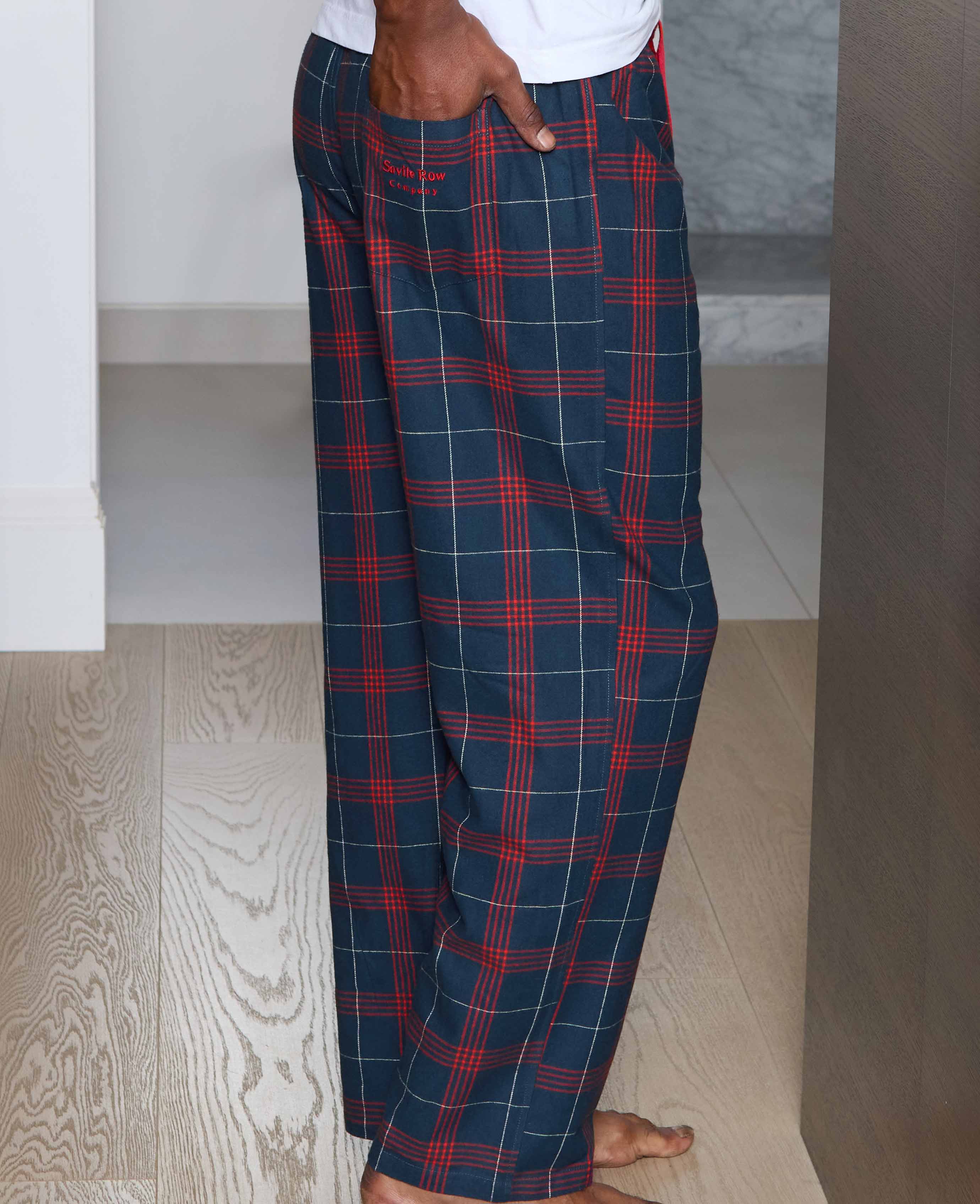 Navy Red Brushed Cotton Twill Window Check Lounge Pants - Image 5