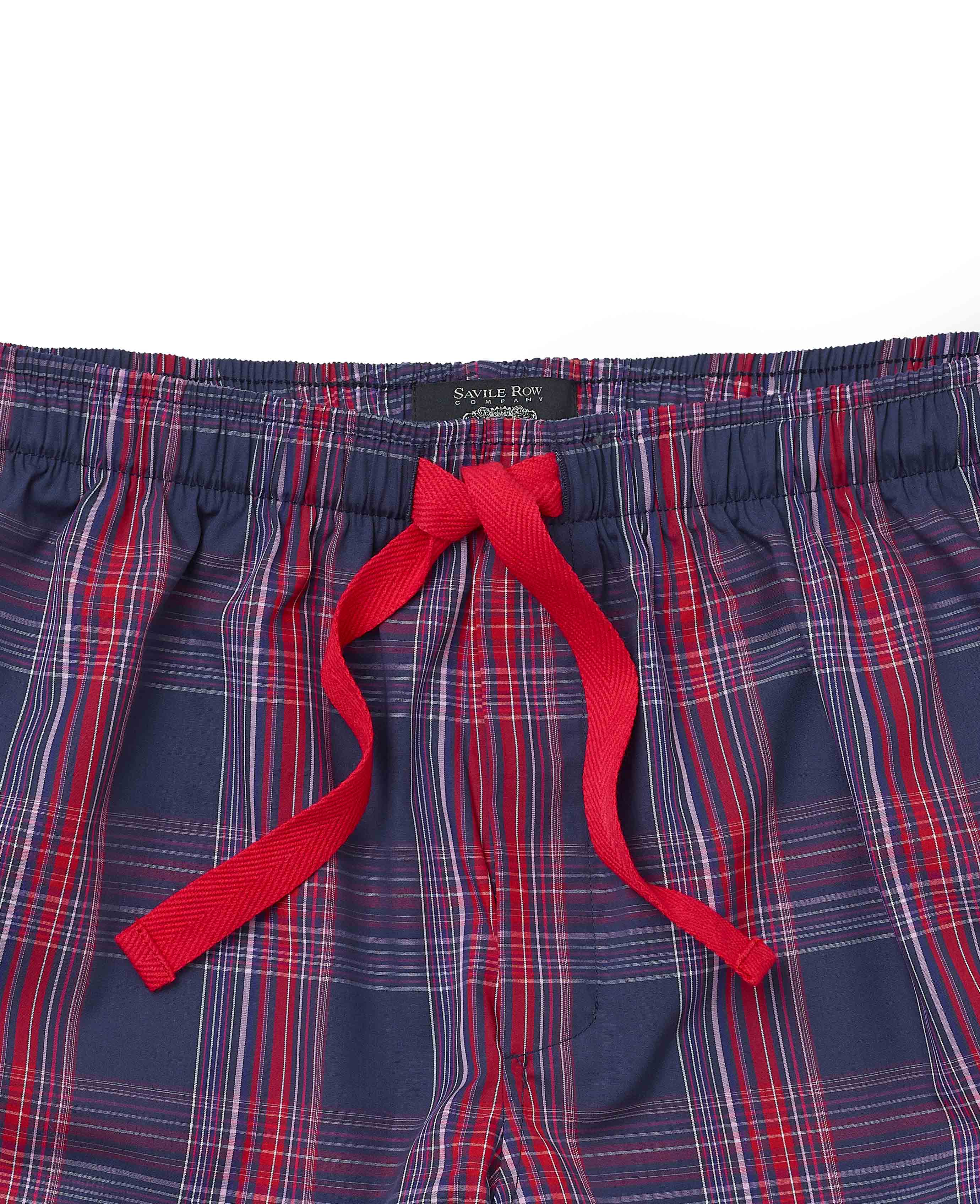 Navy Red Cotton Window Check Lounge Shorts - Image 4