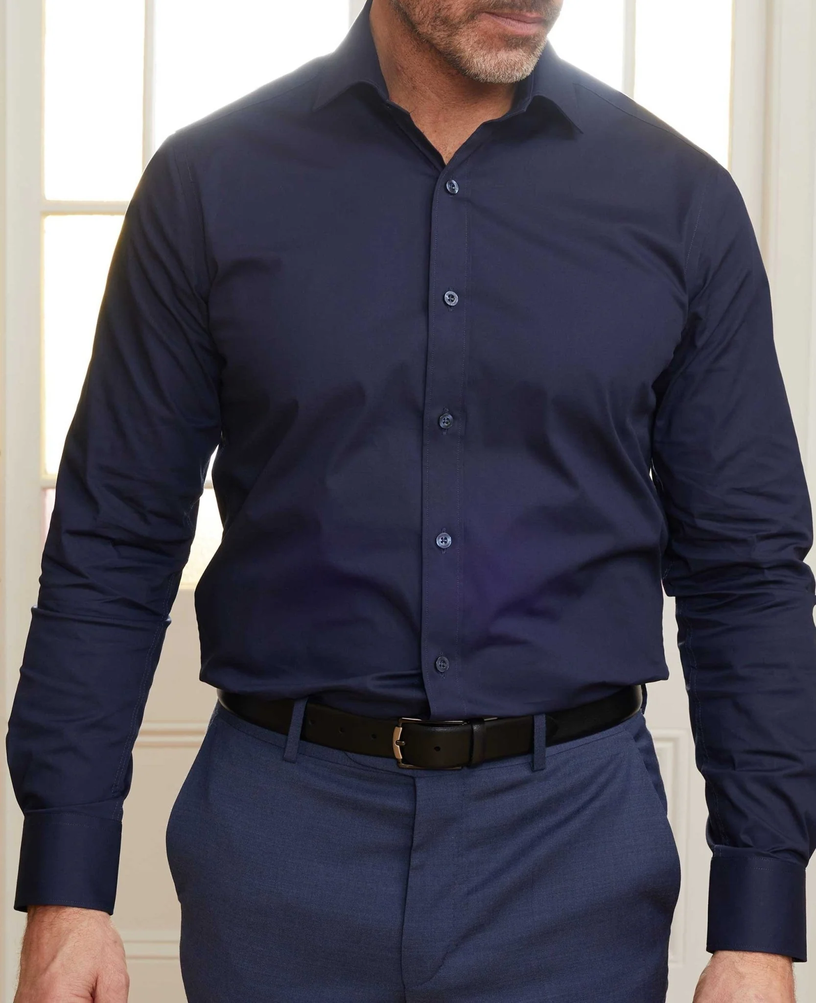 Navy Slim Fit Stretch Formal Shirt - Single Cuff - Image 4