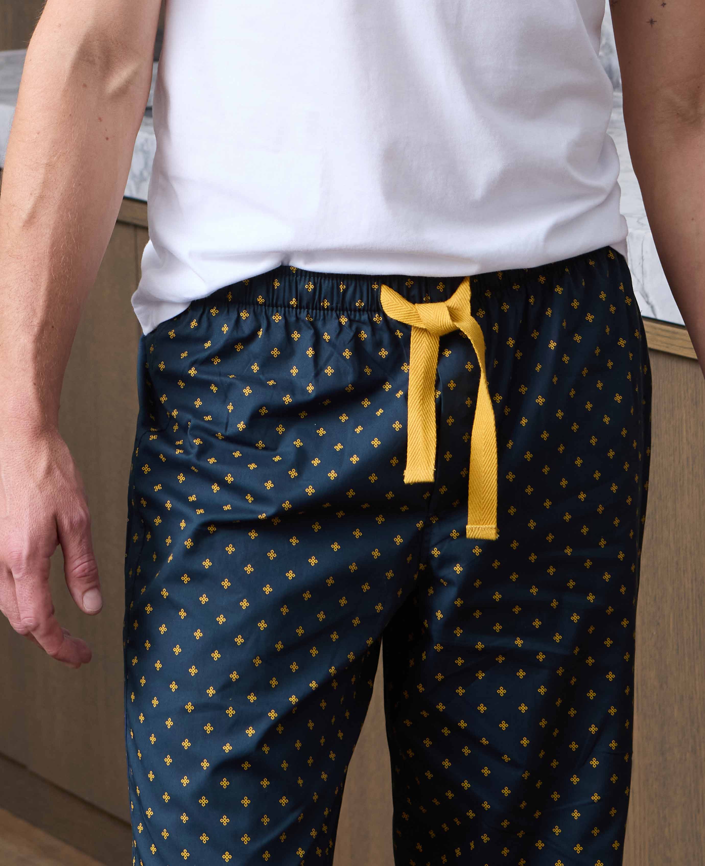 Navy Yellow Cotton Fleur De Lys Print Lounge Pants - Image 3