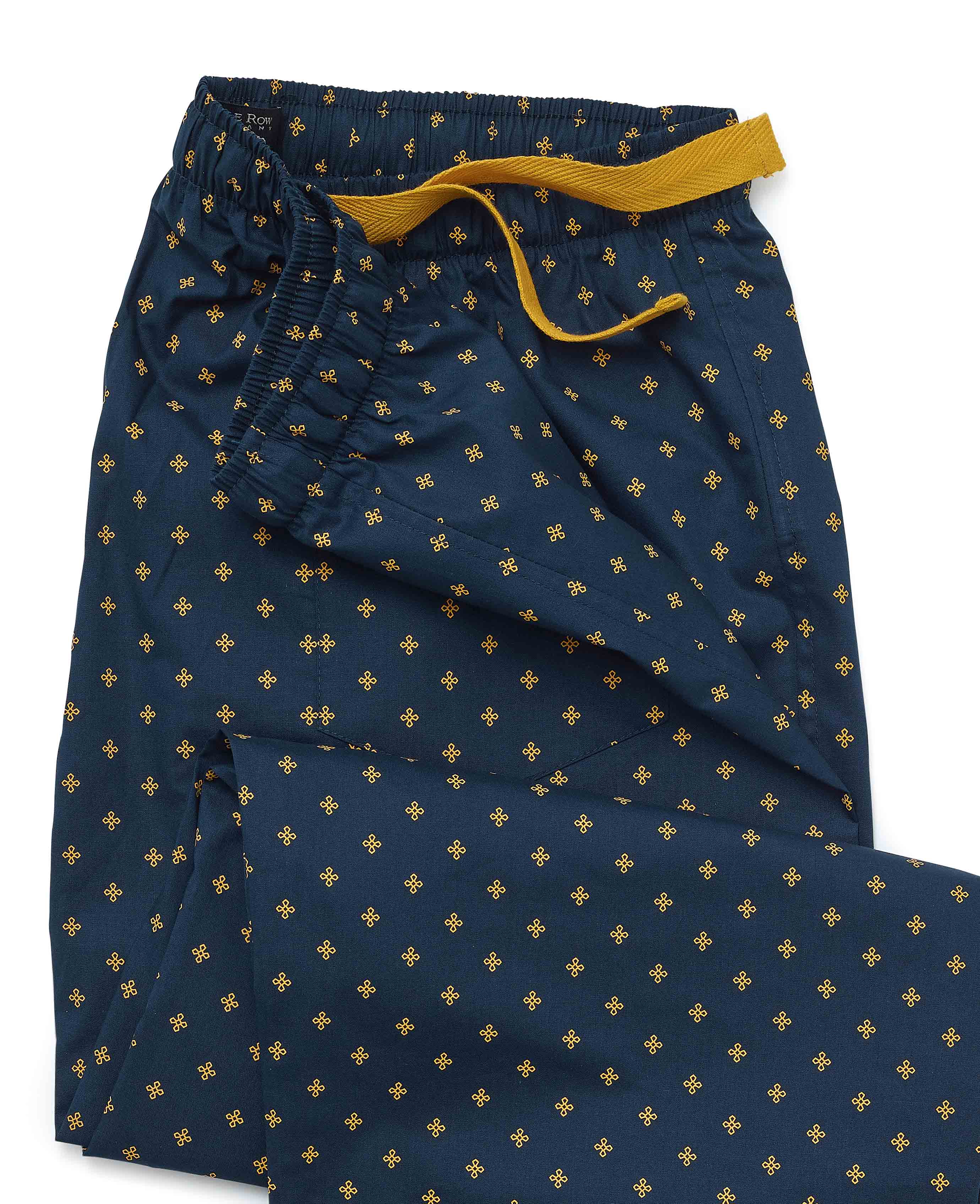 Navy Yellow Cotton Fleur De Lys Print Lounge Pants - Image 4