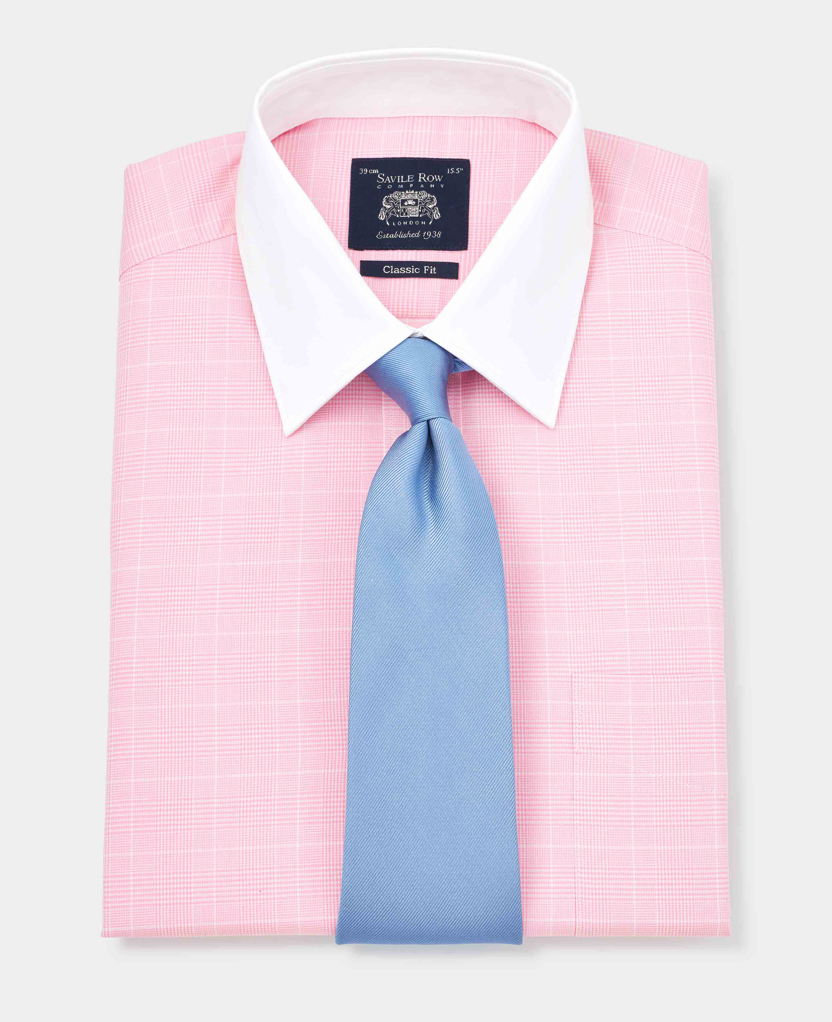 Pink Prince of Wales Check Classic Fit Contrast Collar Formal Shirt With White Collar & Cuffs - Image 3