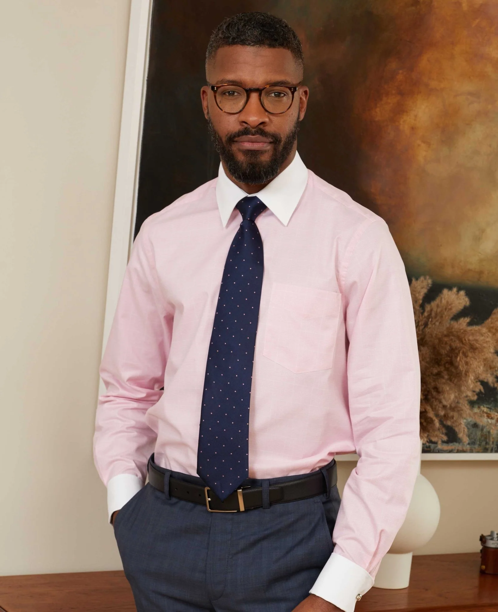 Pink Prince of Wales Check Classic Fit Contrast Collar Formal Shirt With White Collar & Cuffs - Image 4