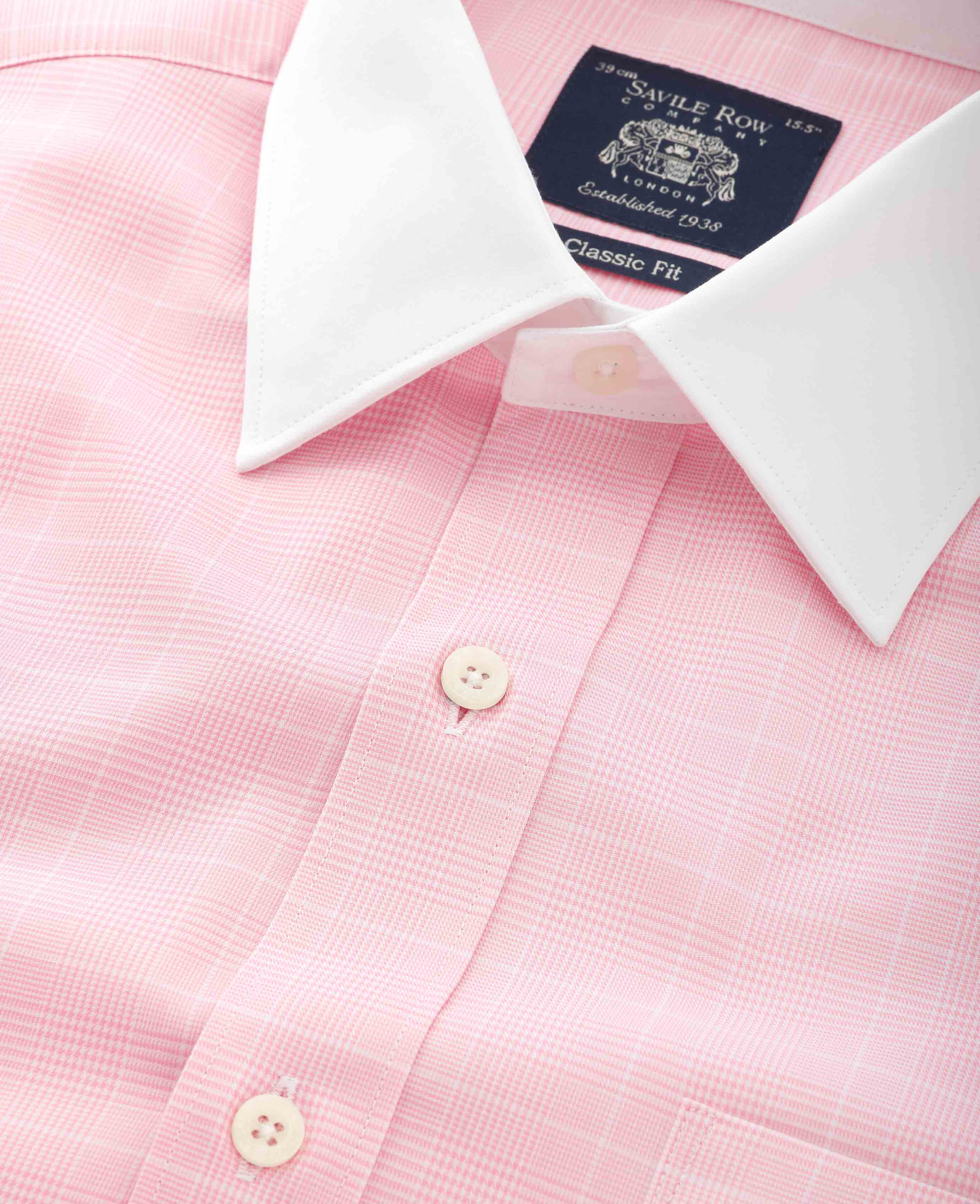 Pink Prince of Wales Check Classic Fit Contrast Collar Formal Shirt With White Collar & Cuffs - Image 5
