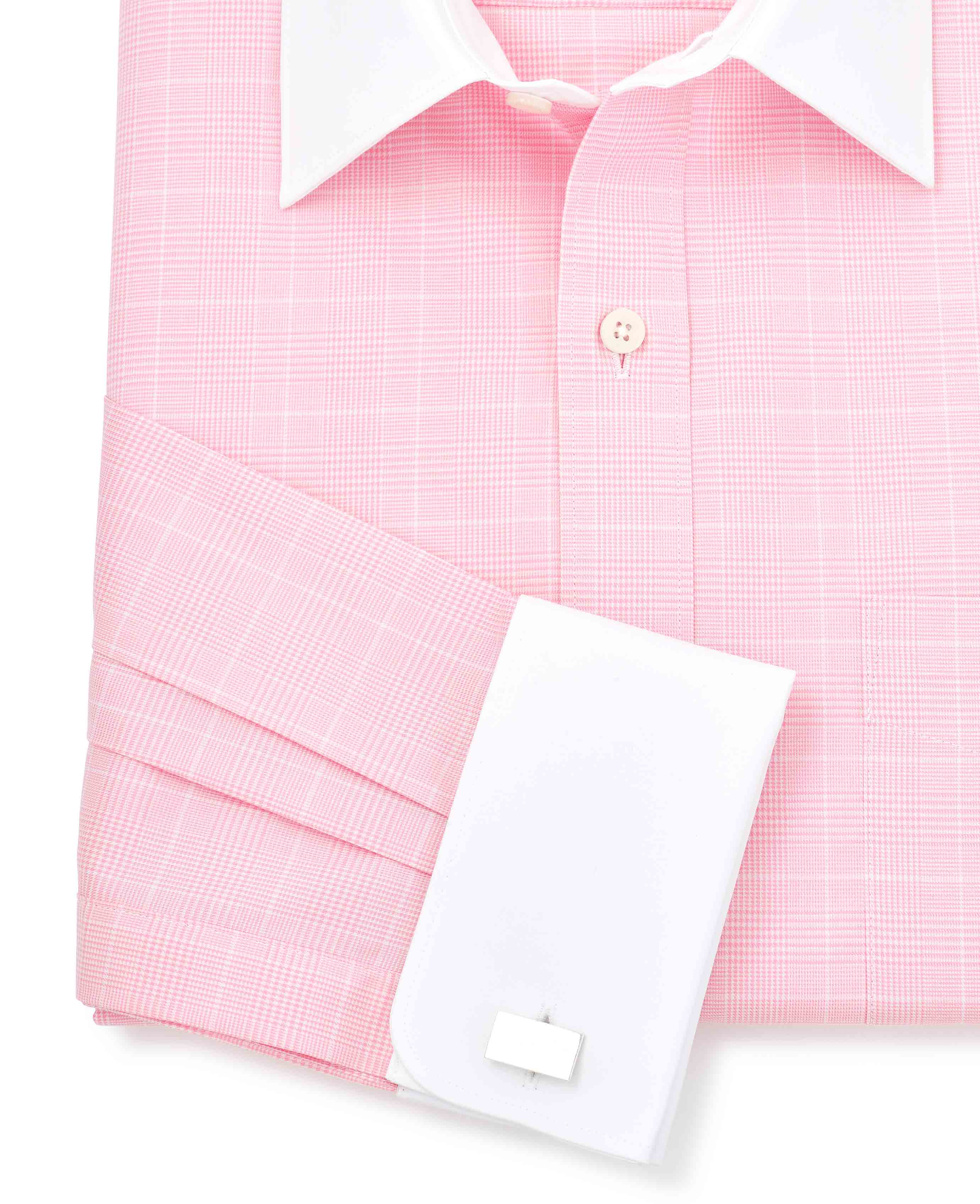 Pink Prince of Wales Check Classic Fit Contrast Collar Formal Shirt With White Collar & Cuffs - Image 6