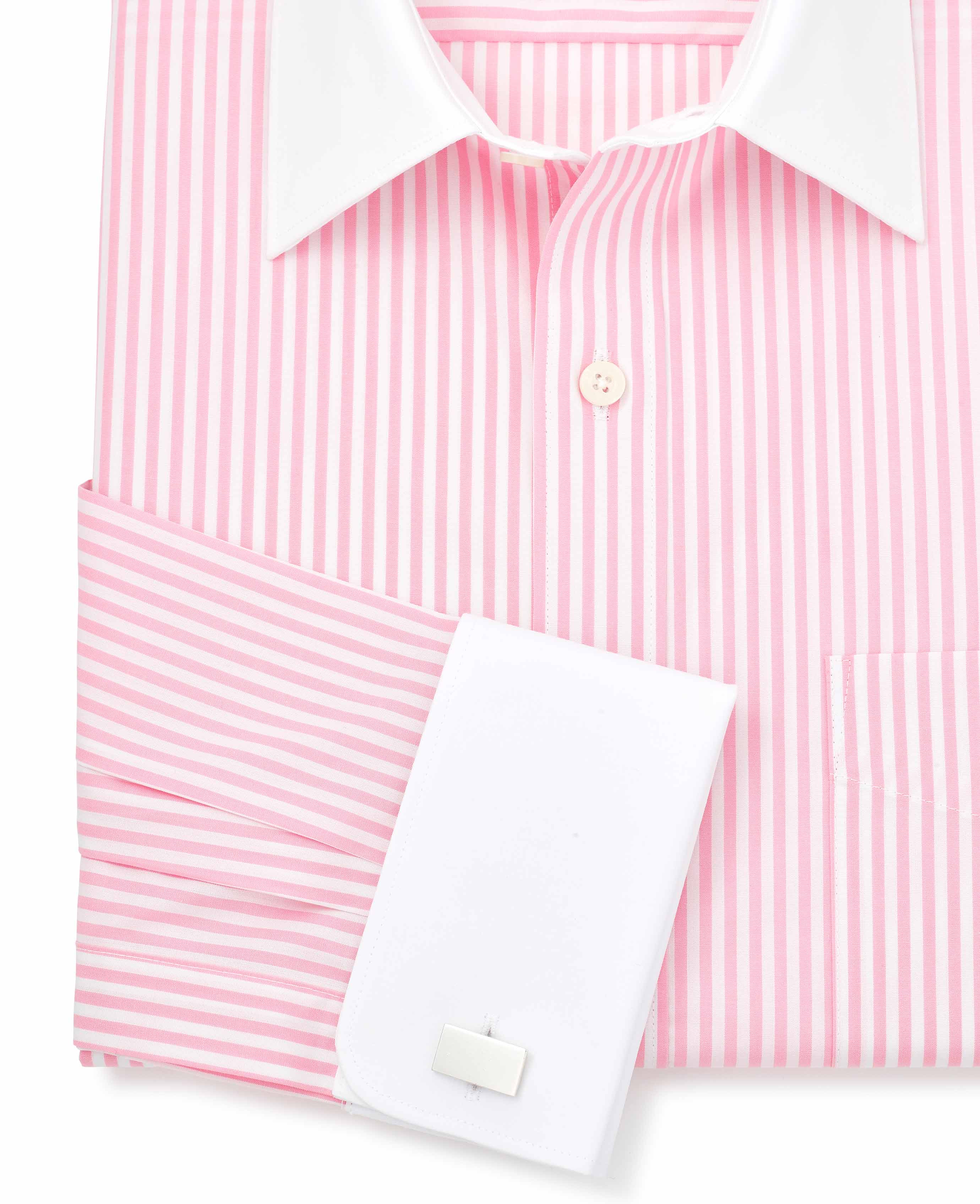 Pink Stripe Classic Fit Contrast Collar Formal Shirt With White Collar & Double Cuffs - Image 5
