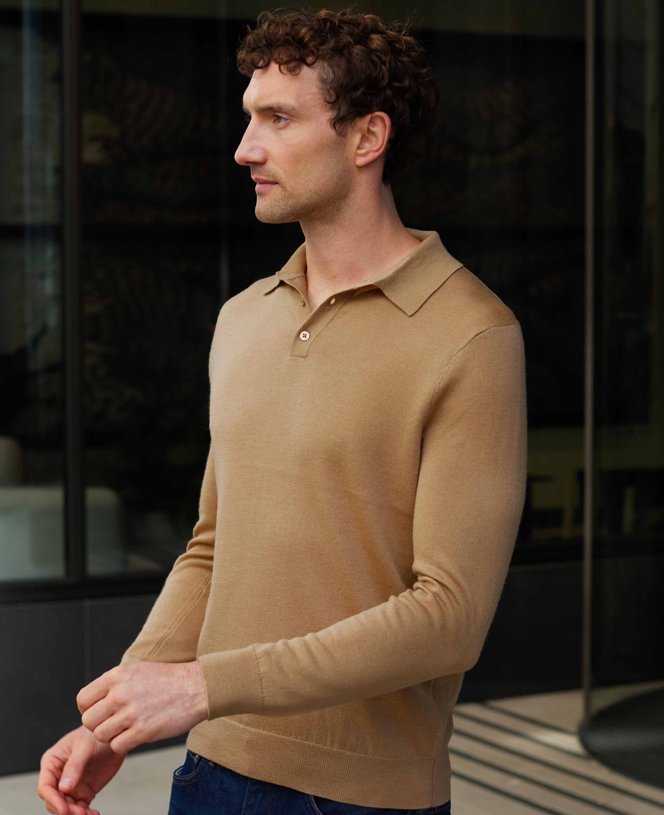 Tan Merino Wool Knitted Polo Shirt - Image 3