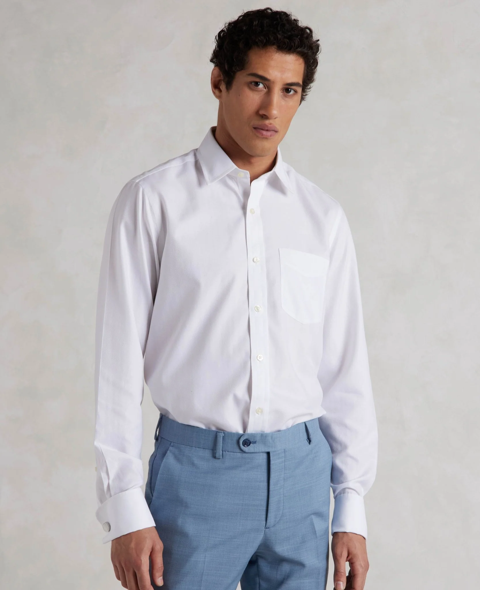 White Herringbone Classic Fit Non-Iron Formal Shirt - Double Cuff - Image 4