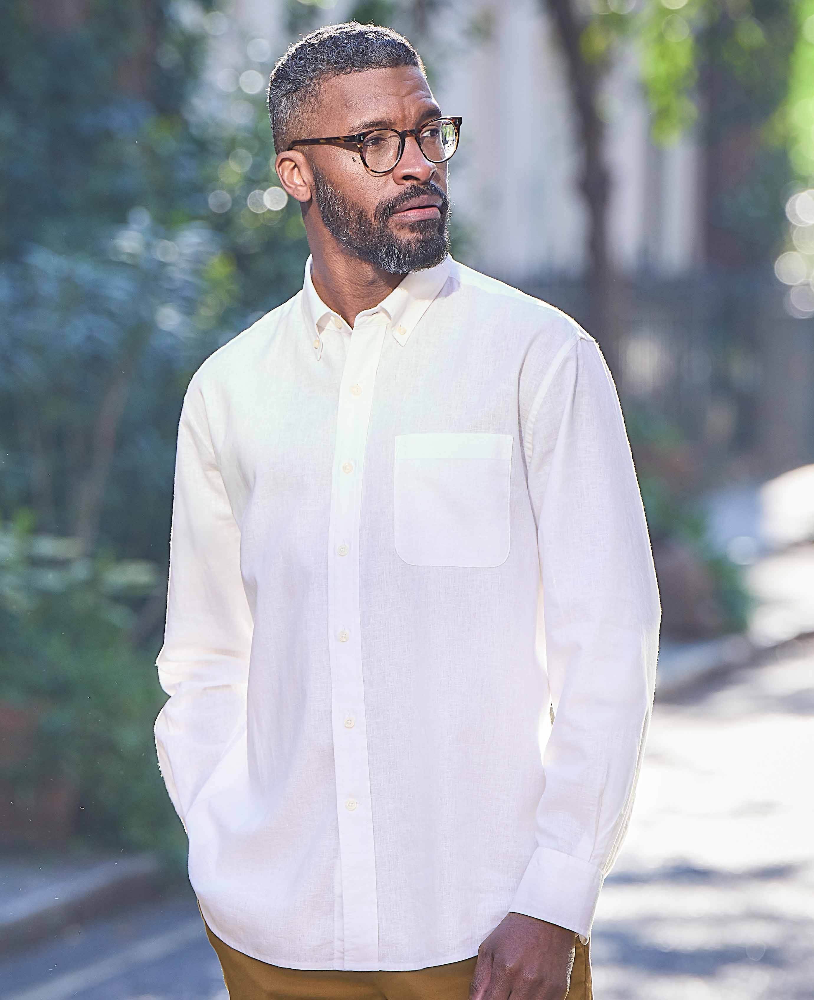 White Linen-Blend Classic Fit Casual Shirt - Image 3