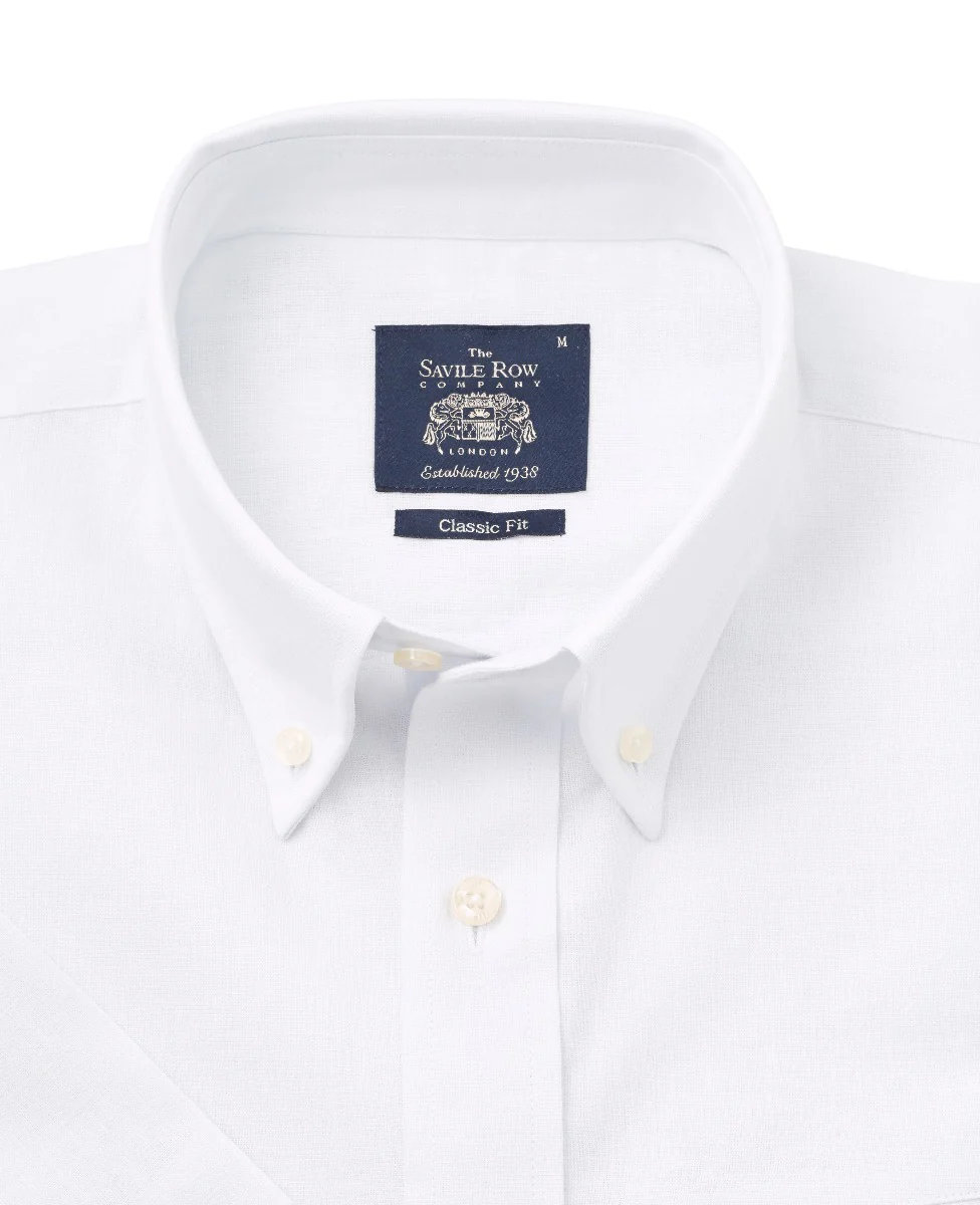 White Linen-Blend Classic Fit Short Sleeve Shirt - Image 4